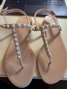 Stuart Weitzman Blush Pearl-Embellished T-Strap Sandals